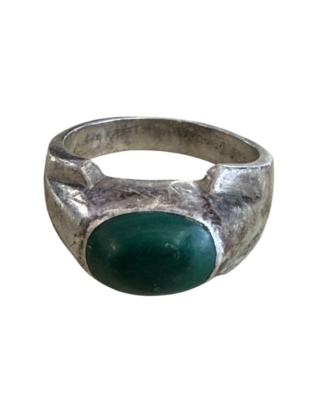Vintage Mexico Artisan Sterling Silver Ring Jade Oval Cabochon Size 7.75 10g